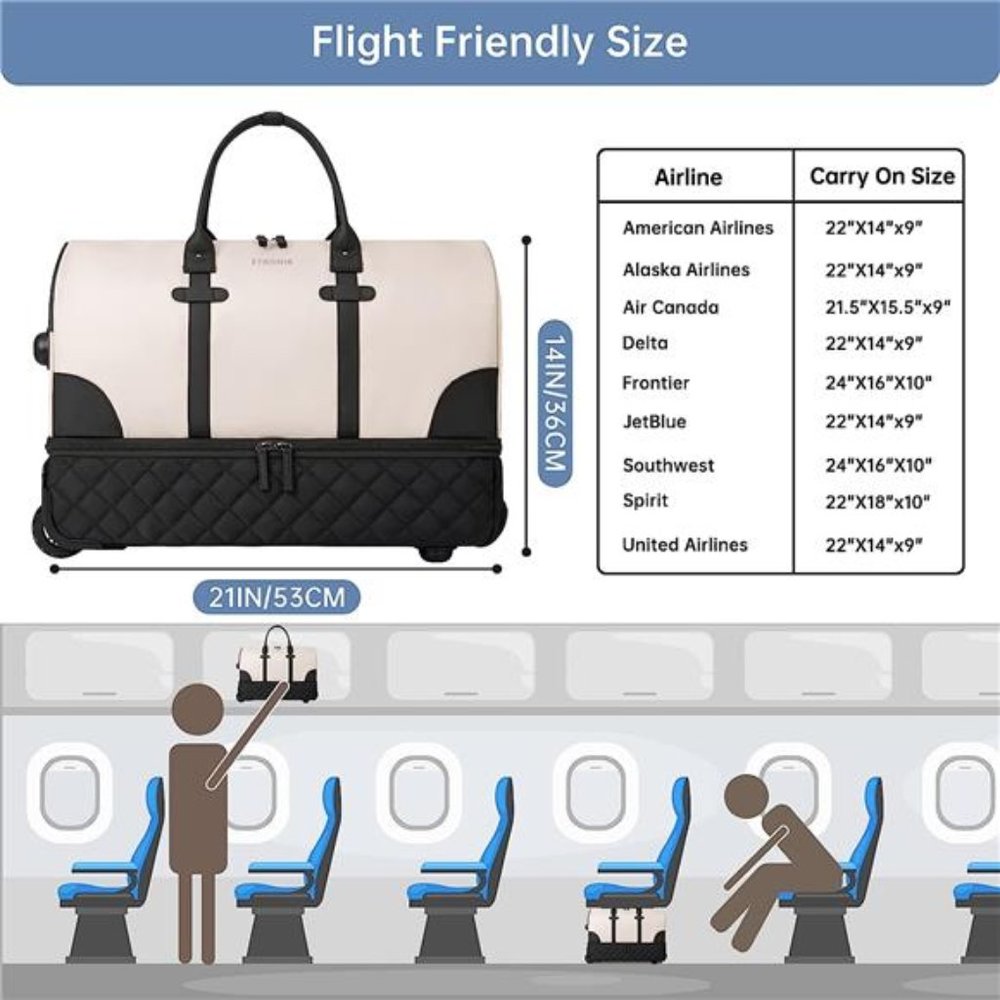 Women's Rolling Duffle Bag with Wheels and Bags Shoe Compartment, Beige, 21 Inch - Picture 5 of 7